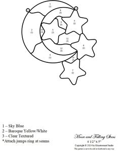 a coloring page with stars and crescents on the moon, which is part of an activity