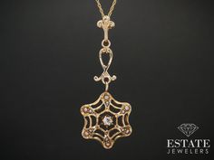 Beautiful Victorian solid gold pendant featuring an approximate .05ct old European cut diamond in a cute seed pearl spider web setting, Pendant measures 1-1/2"L including bail, chain measures 20"L.  stamped 14k on chain, 10k on pendant Pearl Spider, Antique Jewelry Necklace, European Cut Diamonds, Seed Pearl, Spider Web, Vintage Watches, Gold Pendant, Jewelry Inspiration, Antique Jewelry