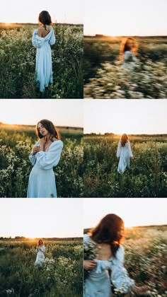 a woman in a blue dress walking through a field