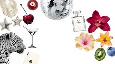 an assortment of exotic items are arranged in the shape of a disco ball and flowers