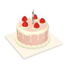 a pink cake with white icing and strawberries on top