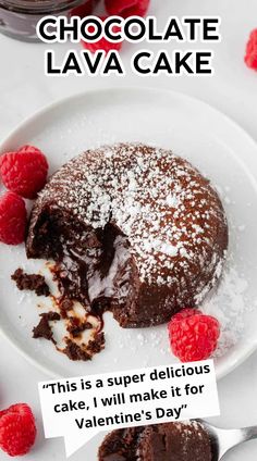 chocolate lava cake on a white plate with raspberries