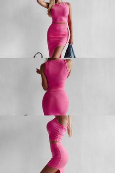 Make a statement with this eye-catching sleeveless pullover 2-piece dress set. The bold design and vibrant color are sure to turn heads and make you stand out from the crowd.

#StatementDressSet #EyeCatchingDesign #BoldColor #TurnHeads #FashionForward Fitted Two-piece Mini Length Dresses, Fitted Two-piece Mini Dress, Fitted Pink Two-piece Dress For Spring, Fitted Two-piece Dress With Mini Length, Pink Summer Bodycon Dress, Pink Elastane Bodycon Summer Dress, Stretch Two-piece Dress Set For Parties, Stretch Two-piece Party Dress Set, Stretch Two-piece Dresses