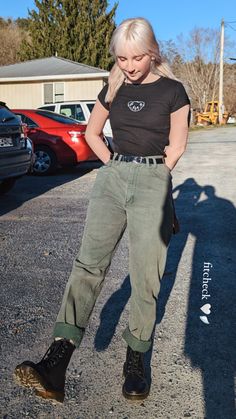 Punk Hiking Outfit, Baggy Pants With Doc Martens, Parachute Pants With Doc Martens, Army Green Pants Outfit Winter, Grunge Hiking Outfit, Doc Marten Summer Outfits, Dark Granola Outfits, Cargo Pants And Doc Martens, Green Doc Martens Outfit