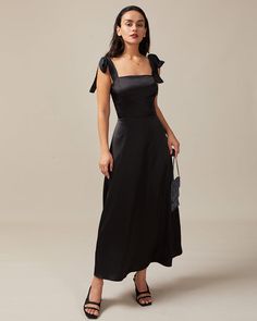 The Black Tie Strap Satin Maxi Dress & Reviews - White,Black - Dresses | RIHOAS Black Satin Dress, Maxi Robes, Black White Dress, Satin Maxi, Dress Satin, Satin Maxi Dress, Strap Design, White Maxi Dresses, Summer Maxi Dress