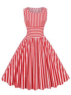 Lucy - Red and White Striped High Waist Rockabilly Dress – A Lark And A Lady Circus Fashion, Vintage Cotton Dress, Vestidos Retro, Pleats Pattern, Retro Skirt, Round Neck Dress, Sleeveless Skirt, Rockabilly Dress, Round Neck Dresses