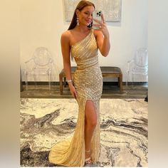 Champagne Cocktail Dress For Prom Season, Gold Long Dress For Prom, One-shoulder Evening Dress For Prom Season, Gold One-shoulder Evening Dress For Prom, Gold One-shoulder Evening Dress For Prom Season, One Shoulder Gold Evening Dress For Prom, Champagne Prom Dress With Sweep Train, Champagne Maxi Prom Dress, Cutout Prom Dress