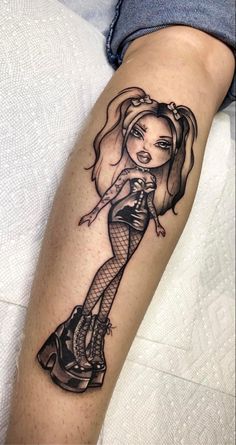 Bratz Sleeve Tattoo, Goth Barbie Tattoo, Bratz Fairy Tattoo, Sasha Bratz Tattoo, Bratz Doll Tattoo Stencil, Girly Patchwork Tattoo Sleeve, Bratz Inspired Tattoo, Bratz Dolls Tattoos, Goth Girl Tattoo Ideas