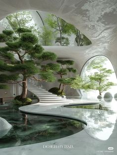 the inside of a building with trees and water in it's pool area, as well as stairs