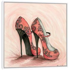 a drawing of two high heeled shoes with pink and black heels on the ground