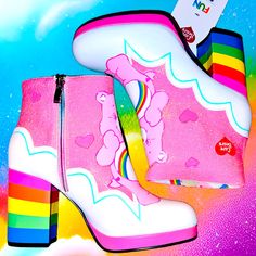 Rare Cb Boots/Brand New Make Every Day A Cheerful One When You Add These Exclusive Cheer Bear Care Bears Ankle Boots! These Are Soooooooo Fun And Gorgeous! Shimmering Pink Vinyl Forms The Body Of The Booties, With An Appliqued Cheer Bear Graphic Surrounded By Hearts. Rainbow Striped Heel, Side Zipper. Even The Inside Of The Boot Is Adorable With Clouds (See Photo) What More Could You Want??? They Were Bought Last Year, And Never Worn. Perfect For Any Care Bear Fan! Pastel Boots, Clowncore Kidcore, Care Bears Rainbow, Rainbow Boots, Rainbow Heels, Cheer Bear, Pink Vinyl, Oc Inspo, Bear Graphic