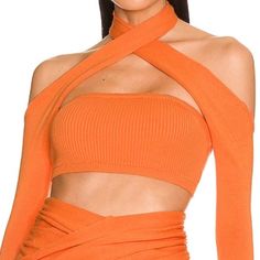 Nbd Cropped Knit - Nicolina Cross Over Sweater In Tangerine - Thumb Hole Design - Halter Neck Styling - Size Large - Never Worn, Great Condition #Crossover #Halter #2000s Fitted Knitted Orange Top, Orange Fitted Knit Top For Spring, Fitted Orange Knitted Tops, Fitted Orange Knit Top For Spring, Knitted Tops For Spring Party, Spring Party Knitted Tops, Stretch Knitted Tops For Party, Bustier Top Corsets, Tube Top Bra