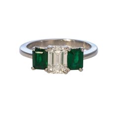 Emerald Cut Diamond & Emerald Platinum Engagement Ring Green Three-stone Emerald-cut Emerald Ring, Three-stone Emerald Cut Green Emerald Ring, Green Three Stone Emerald Cut Emerald Ring, Green Emerald Cut Three Stone Emerald Ring, Three-stone Diamond Emerald-cut Ring, Emerald Cut Three Stone Emerald Ring, Green Emerald Ring With Three Stone Baguette Cut, Three-stone Emerald Cut Emerald Ring For May Birthstone, Three Stone Emerald Cut Emerald Ring