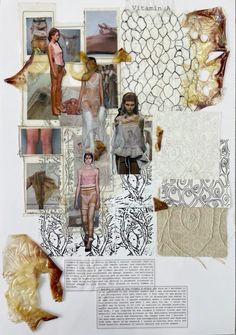 an altered collage with pictures and text on it, including images of women's clothing