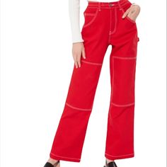 Wide Leg Carpenter Pants Featuring Belt Loops, Classic 5-Pocket Construction, Knee Patches, And Contrast Stitching Throughout. 11" Rise 31" Inseam, 10" Leg Opening 98% Cotton, 2% Spandex Machine Wash Imported Model Is Wearing Size Small Mid-rise Work Pants With Contrast Stitching, Red Wide Leg Cargo Pants For Fall, Casual Red Wide Leg Jeans, Red Cotton Jeans With Pockets, High-waisted Cotton Pants With Contrast Stitching, Trendy Fall Pants With Contrast Stitching, Red Cotton Utility Pants, Red Straight Leg Cargo Pants With Pockets, Red Straight Leg Cargo Pants