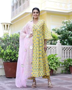 Cotton Yellow Hand Block Print Anarkali Kurta Set - Ria Fashions Anarkali Palazzo Set With Block Print And Long Sleeve, Yellow Mulmul Anarkali Set With Gota Work, Yellow Anarkali Set With Gota Work In Mulmul, Chanderi Long Sleeve Anarkali Set With Block Print, Long Sleeve Chanderi Anarkali Set With Block Print, Festive Cotton Anarkali Set With Long Sleeves, Cotton Anarkali Palazzo Set, Anarkali Style Palazzo Set With Block Print, Cotton Anarkali Set With Long Sleeves For Diwali