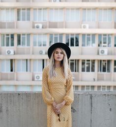 Black hat. Polka dots. Autumn and Winter Fashion. Black Polka Dot Dress, Yellow And Black, Black Hat, Hello Summer, Black Polka Dot, Dot Dress, Polka Dot Dress, Autumn And Winter