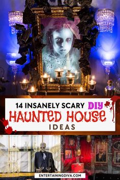 an image of a creepy house with candles and decorations on the front, and in the back