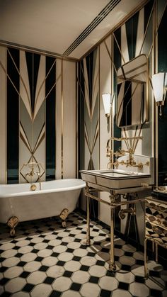 a bathroom with black and white checkered flooring, gold fixtures and a bathtub