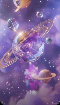 an image of planets in the sky with stars and bubbles around them on a purple background