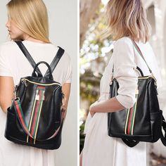 Cute Green Red Stripe Double Zipper Girl's PU Multifunction Handbag Shoulder Bag School Backpack sold by needit on Storenvy Women's Bags By Brand, Shoulder Bag School, Women's Bag By Pattern, Lace Backpack, College Backpacks, Women's Bags By Color, High School Backpack, Retro Backpack, Women's Bags By Usage