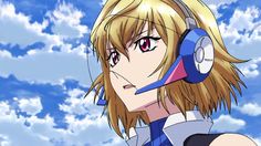 an anime character with headphones in front of blue sky and clouds, looking at the camera