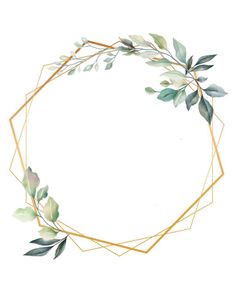 a circular frame with green leaves and gold geometric lines on the edges, painted in watercolor