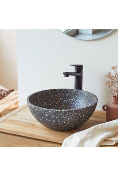 Round Confetti Terrazzo Sink | Tikamoon Micha | Woodfurniture.com Terrazzo Basin, Terrazzo Sink, Contemporary Bathroom Sinks, Black Confetti, Moving Furniture, Space Interiors, Solid Wood Furniture, Vanity Units, Door Frame