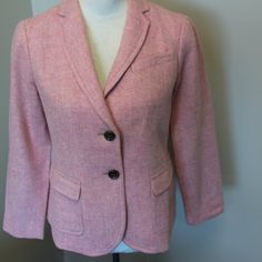 Nwt || Beautiful Shetland Wool In A Traditional Herringbone Weave || Timeline Style That Always Feels New || Long Sleeve || Button Front Closure || Notch Neckline || Lined || Shell: 48% Wool, 27% Polyester, 25% Viscose || Hits At The Hip || Dry Clean Smoke-Free And Pet-Free Home Pink Fall Blazer With Button Cuffs, Fall Pink Blazer With Button Cuffs, Pink Blazer With Button Cuffs For Fall, Fitted Single Breasted Preppy Outerwear, Preppy Fitted Outerwear With Button Closure, Preppy Fitted Winter Blazer, Preppy Fitted Spring Blazer, Casual Pink Blazer With Buttons, Shetland Wool