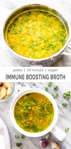 two bowls filled with broth next to garlic and green onions