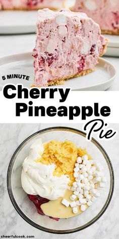 three different pictures with the words cherry pineapple pie on them and in front of it