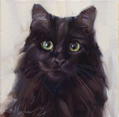 a painting of a black cat with green eyes and whiskers on it's fur