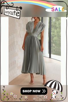 Gray All-over Pleated V Neck Zip Midi Dress Midi Dresses, Women Dresses, Dresses Midi, Shop Now, Midi Dress, V Neck, Grey, Dresses