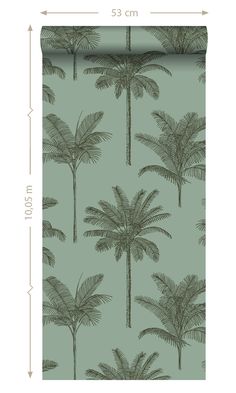 a green wallpaper with palm trees on it and measurements for the width of the wall