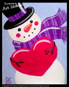 a painting of a snowman holding a heart