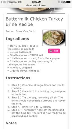 the recipe for buttermilk chicken turkey is shown in this screenshot, with instructions