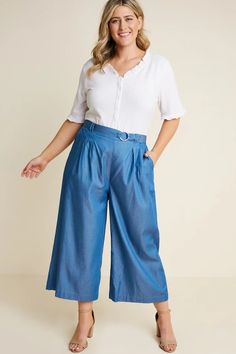 Denim Culottes Outfits, Culottes Outfit, Denim Culottes, Black Capri Pants, Chambray Fabric, Holly Black, Pleated Midi Skirt, Cotton Pants, Black Denim Shorts