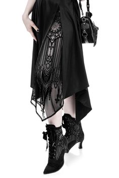 Embrace your inner goth with our irregular hem double slit goth skirt. its intricate lace embroidery and unique irregular hem design will add a touch of dark elegance to your wardrobe. shop now and make a statement! Styl Goth, Elegant Goth, Goth Skirt, Gothic Skirt, Handkerchief Skirt, Rock Punk, Asymmetrical Skirt, Goth Outfits