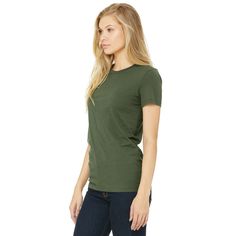 Shop BELLA+CANVAS® Women's Favorite T-Shirt at Michaels. com. This go-to tee from BELLA+CANVAS fits like a well-loved favorite, featuring a slim feminine fit, crew neck, short sleeves and superior combed and ring-spun cotton that acts as the best blank canvas for printing. This go-to tee from BELLA CANVAS fits like a well-loved favorite, featuring a slim feminine fit, crew neck, short sleeves and superior combed and ring-spun cotton that acts as the best blank canvas for printing. Offered in a v Basic Green Everyday T-shirt, Green Plain Tops For Everyday Wear, Green Everyday Plain Tops, Everyday Plain Green Tops, Blank Canvas, Solid Tops, Military Green, Bella Canvas, Round Neck