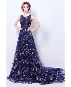 Shop cheap Sparkly Dark Blue Long Formal Dress With Stars Train online. Custom-made any plus size or color. Pro since 2009. Prom Dress With Train, Prom Girl Dresses, Prom Dresses 2019, Blue Evening Dresses, Beautiful Prom Dresses, Prom Dresses Vintage, A Line Prom Dresses, Prom Dresses Online, Blue Stars