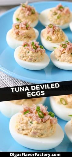 deviled eggs stuffed with tuna and green onions on a blue plate that says tuna deviled eggs