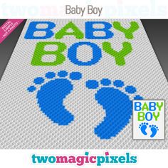 the baby boy cross stitch pattern is shown in blue, green and white with footprints on it