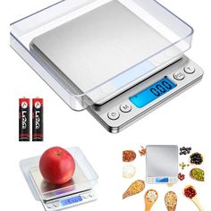 a scale with an apple on it and two batteries next to it, along with other items