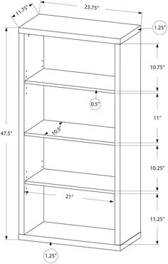 the measurements for an open bookcase with three shelves and one shelf on each side