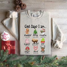 God Says I am Christmas Sweatshirt, Religious Christmas, God Says Christmas Shirt, Christmas Jesus Shirt, Xmas Christian Shirt, Jesus Tee  IMPORTANT : Price includes one sided print. Double sided print (front and back) costs extra $6. You can add your order 'CUSTOM PRINT' from Custom Section. HOW TO ORDER SHIRT 1) Select Your T-Shirt Size and Color from the drop down menus. 2) Choose Your Quantity 3) Click ADD TO CART 4) Click "Proceed to Check Out"  If you want to have 3xl or 4xl, please send us a message. - If you want to have another color that is not listed, tank top, youth sweatshirt, or youth hoodie please send us a message. Product We sell Bella Canvas, Gildan soft style, and Circle Soft Style shirts, sweatshirts, and hoodies. IF YOU WANT TO HAVE A SPECIFIC BRAND, PLEASE LET US KNOW Winter Gift Shirt With Letter Print, Long Sleeve Shirt For Christmas Gift, Winter Letter Print Shirt For Gift, Winter Letter Print Shirt Gift, Winter Crew Neck Shirt With Letter Print, Crew Neck Shirt With Letter Print For Winter, Christmas Gift Crew Neck Shirt, Christmas Crew Neck Shirt Gift, Christmas Letter Print Shirt As Gift