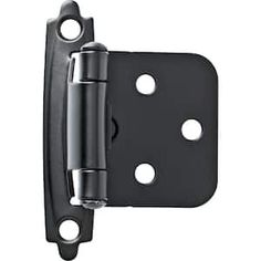 a black door hinge with two holes on the front and one hole in the back