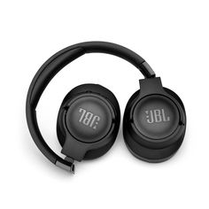 the jbl headphones are black and have white letters on them, with one ear plug