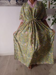 Cotton kaftan Printed Loungewear Dress With Kimono Sleeves, Printed Dresses With Kimono Sleeves For Loungewear, Long Kaftan For Home, Green Flowy Kaftan With Short Sleeves, Pink Bohemian Maxi Dress For Loungewear, Green Flowy Short Sleeve Kaftan, Maxi Length Dress For Home, Bohemian Maternity Dress With Short Sleeves, Traditional Spring Loungewear Dresses