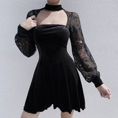 Gothic Lantern Long Sleeve Lace Velvet Patchwork Dress | Uniqistic.com Long Sleeve Vintage Dresses, Lace Halter Dress, Lantern Sleeve Dress, Black Halter Dress, Empire Waistline, Gothic Dress, Velvet Lace, Patchwork Dress, Long Sleeve Lace