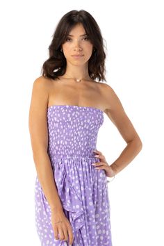 We're in love with this strapless purple polka dot printed maxi which we can't wait to wear all summer long -- from the beach to dinner. The dress features a strapless smocked top with a flowy, ruffled bottom and the chicest, open back. 100% Rayon Hand Wash Cold Lavender Dress, Cami Nyc, Lavender Dresses, Favorite Daughter, Smocked Top, Mother Denim, Solid & Striped, Printed Maxi, Blazers For Women